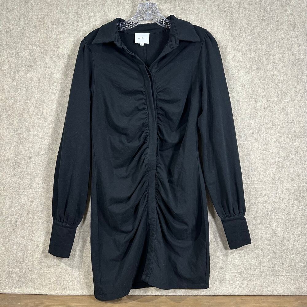 Sundays Black Long Sleeve Center Ruched Button-Front Mini Shirt Dress - small